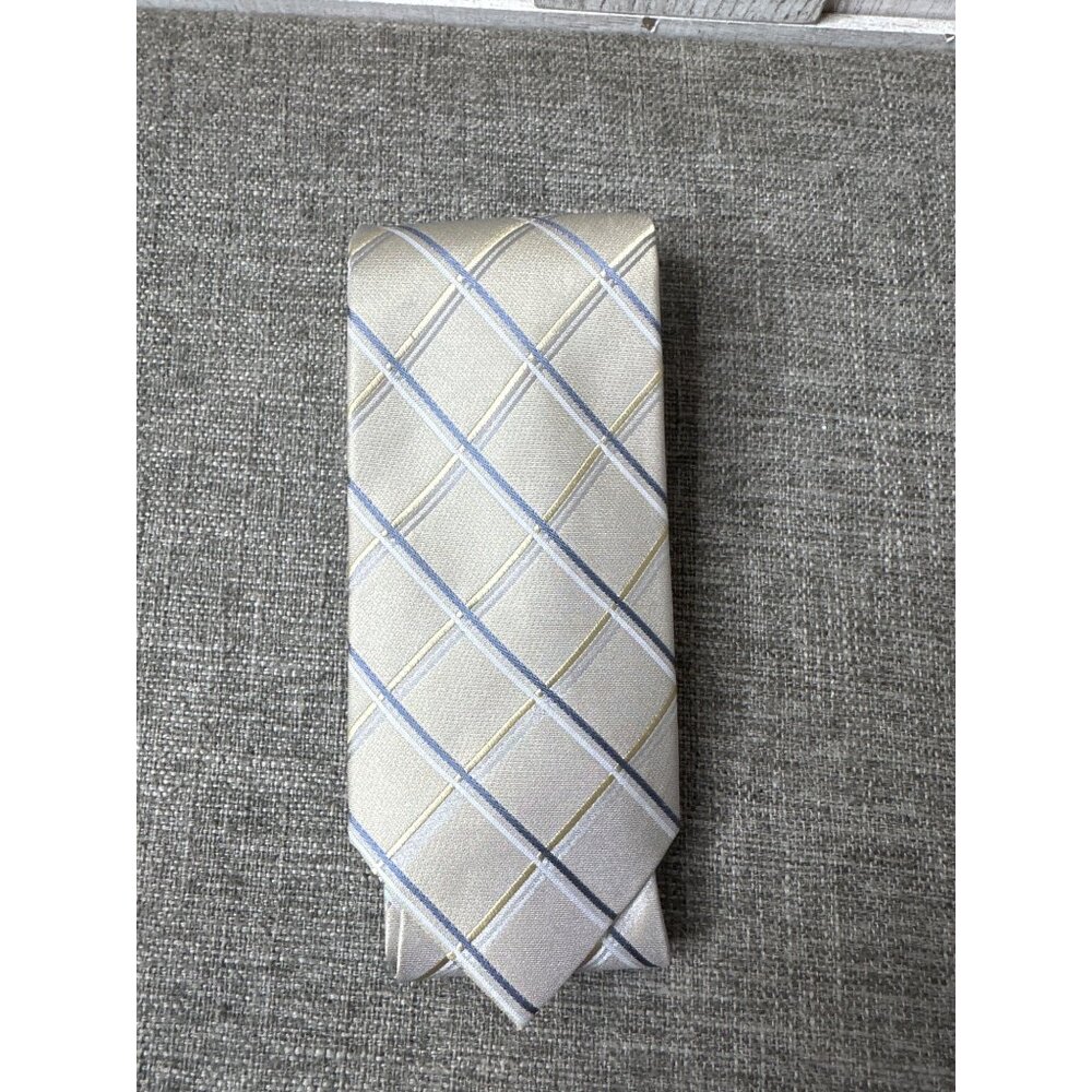 Claiborne Mens Beige & Blue Plaid 100% Silk Neck Tie Formal Suit Work - Picture 4 of 5